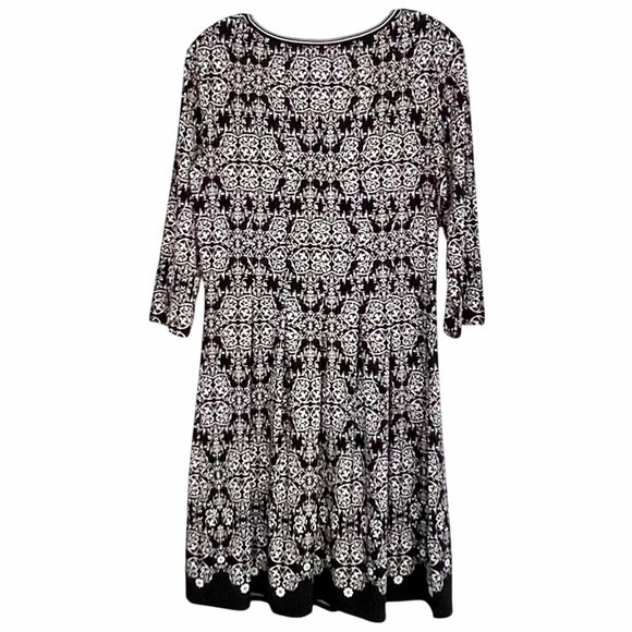 Max Studio A-Line Dress Size L Black & White Floral Print 3/4 Sleeves EUC - Picture 2 of 15